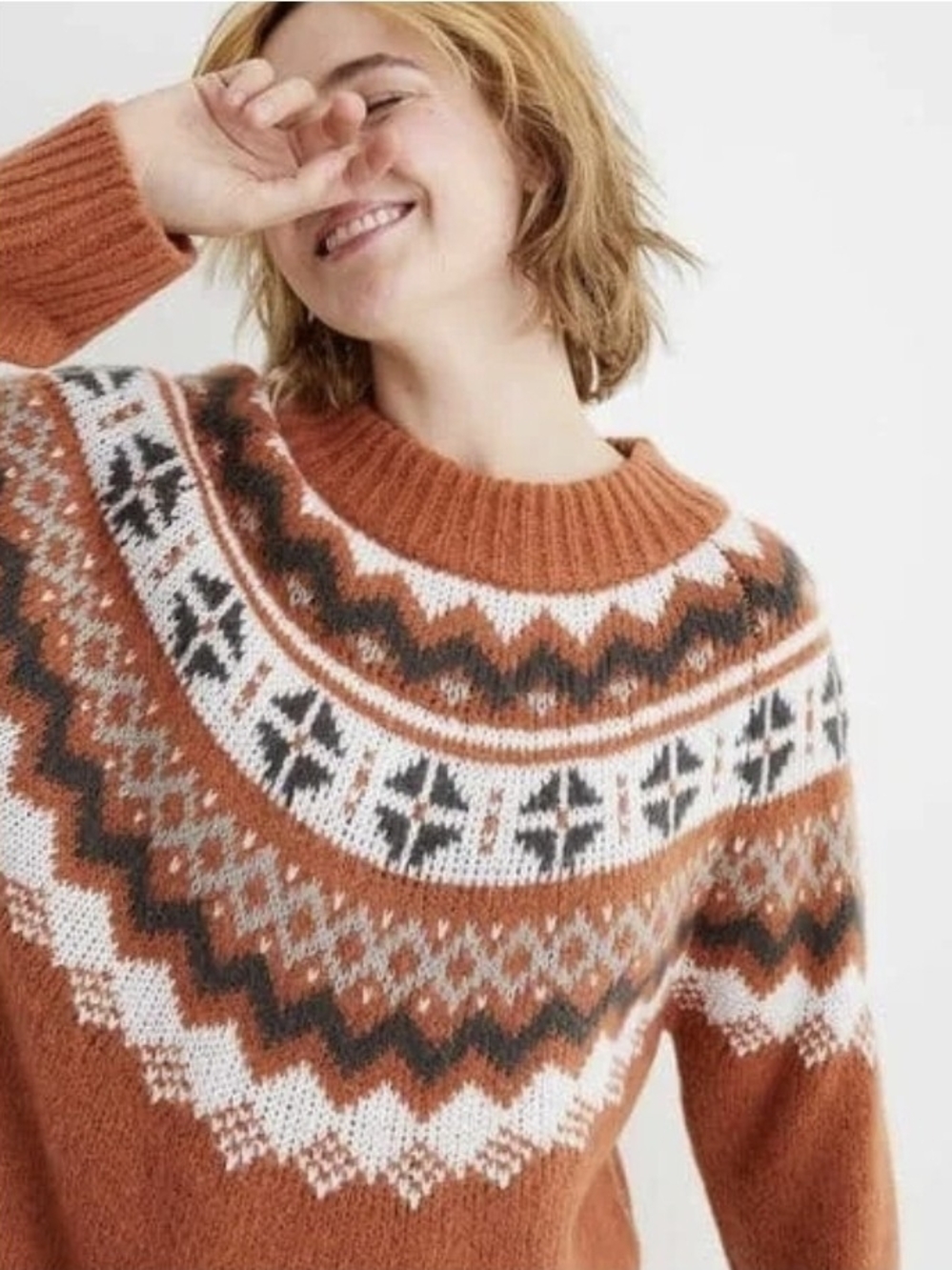 Aerie Women's Burnt Orange Fair Isle Mock Neck High Low Hem Sweater Size Medium